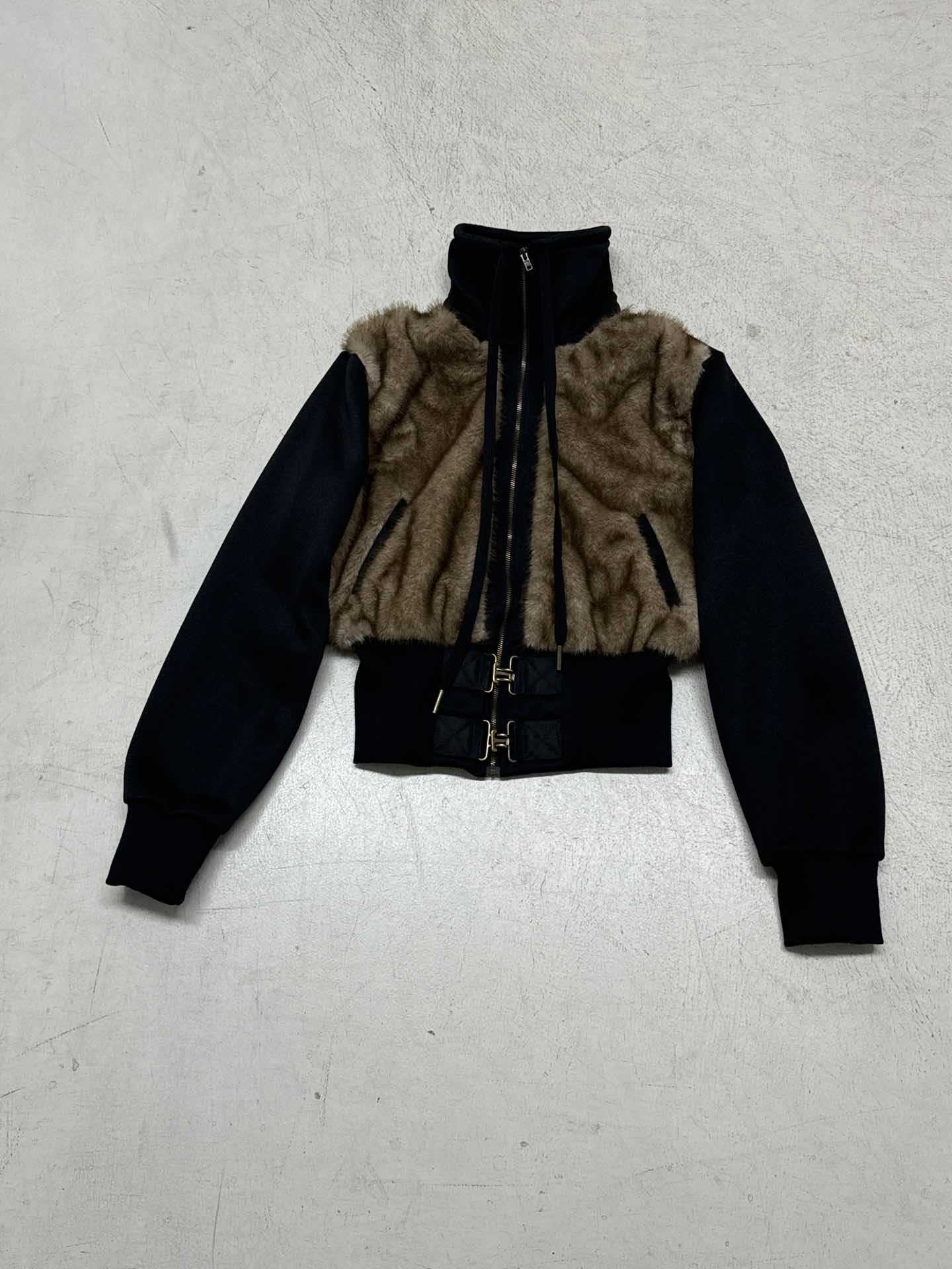 Street Style  Faux Fur Patchwork Vintage Brown Zipper Short Padded Stand Collar Jacket Women's Cargo Hoodie