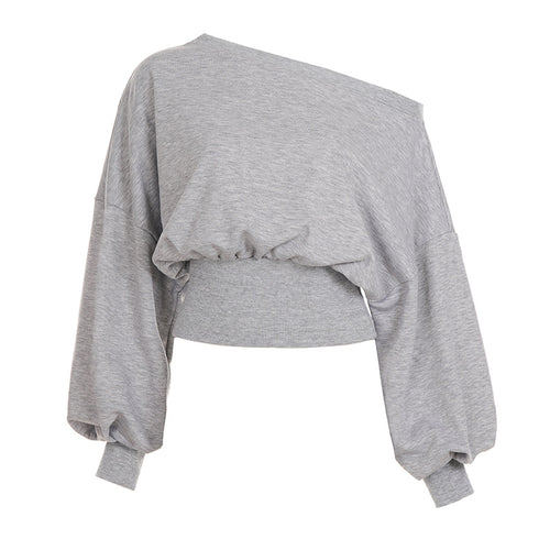 pure desire wind asymmetrical neckline off-shoulder fitted hoodie long sleeve casual top for women