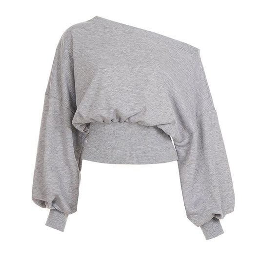 pure desire wind asymmetrical neckline off-shoulder fitted hoodie long sleeve casual top for women