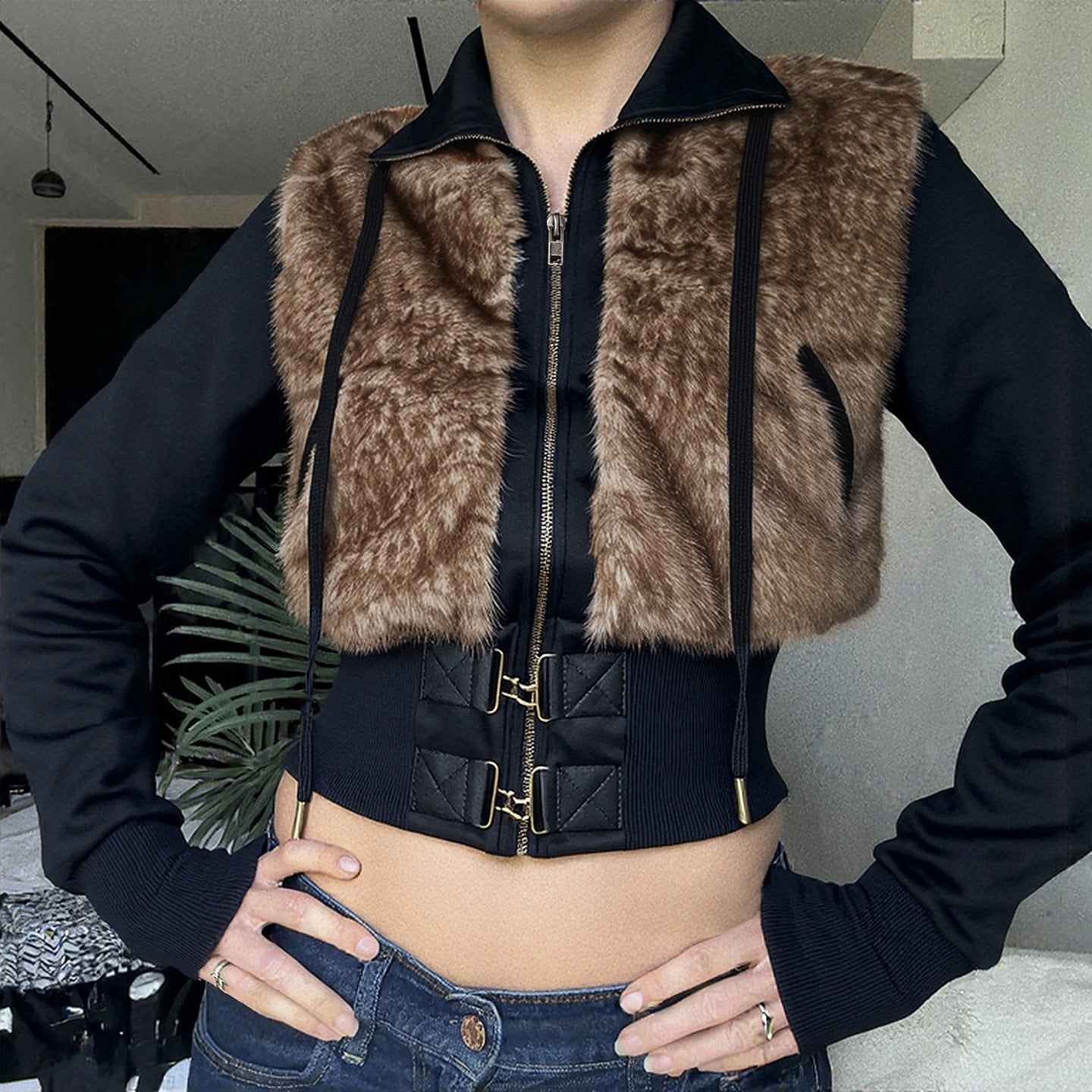 Street Style  Faux Fur Patchwork Vintage Brown Zipper Short Padded Stand Collar Jacket Women's Cargo Hoodie