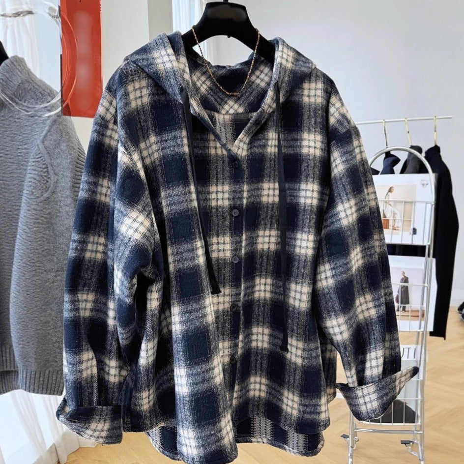 Hooded Plaid Shirt Women Loose Brushed Wool Coat Women Loose Long Sleeve Top Women