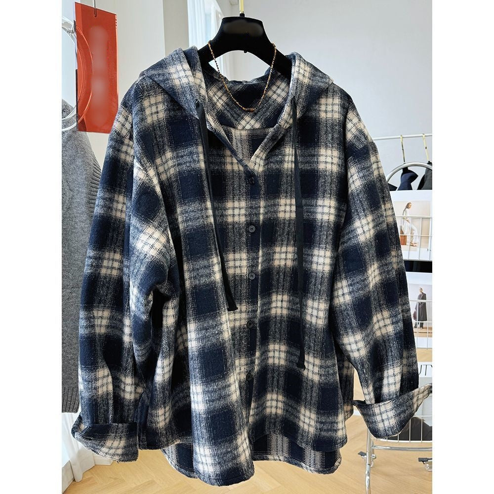 Hooded Plaid Shirt Women Loose Brushed Wool Coat Women Loose Long Sleeve Top Women