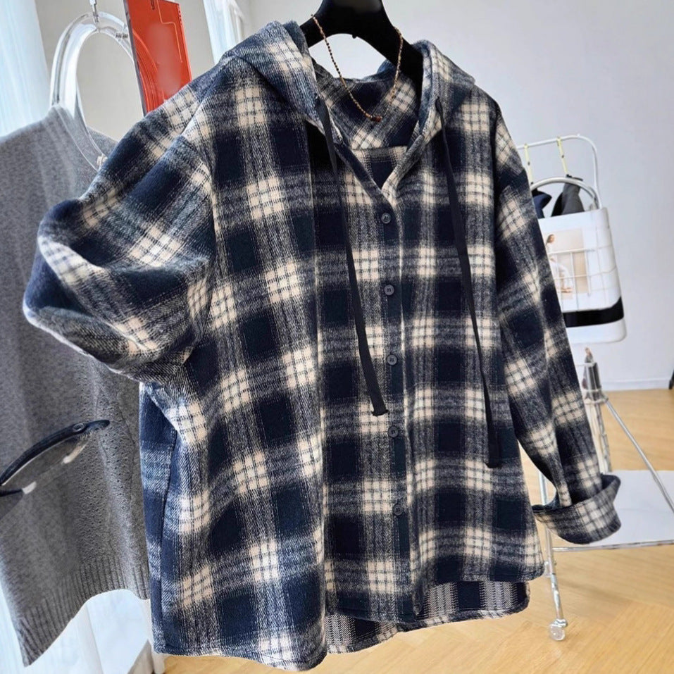Hooded Plaid Shirt Women Loose Brushed Wool Coat Women Loose Long Sleeve Top Women