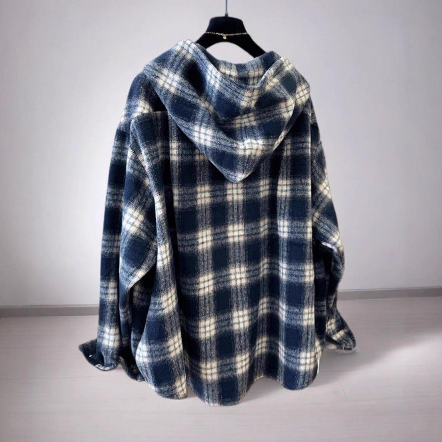 Hooded Plaid Shirt Women Loose Brushed Wool Coat Women Loose Long Sleeve Top Women