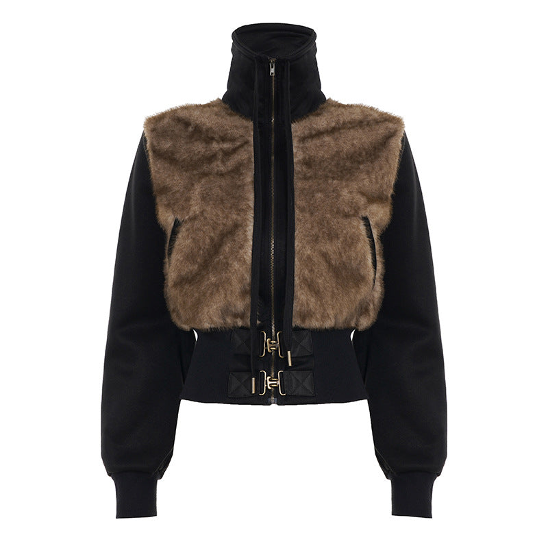 Street Style  Faux Fur Patchwork Vintage Brown Zipper Short Padded Stand Collar Jacket Women's Cargo Hoodie