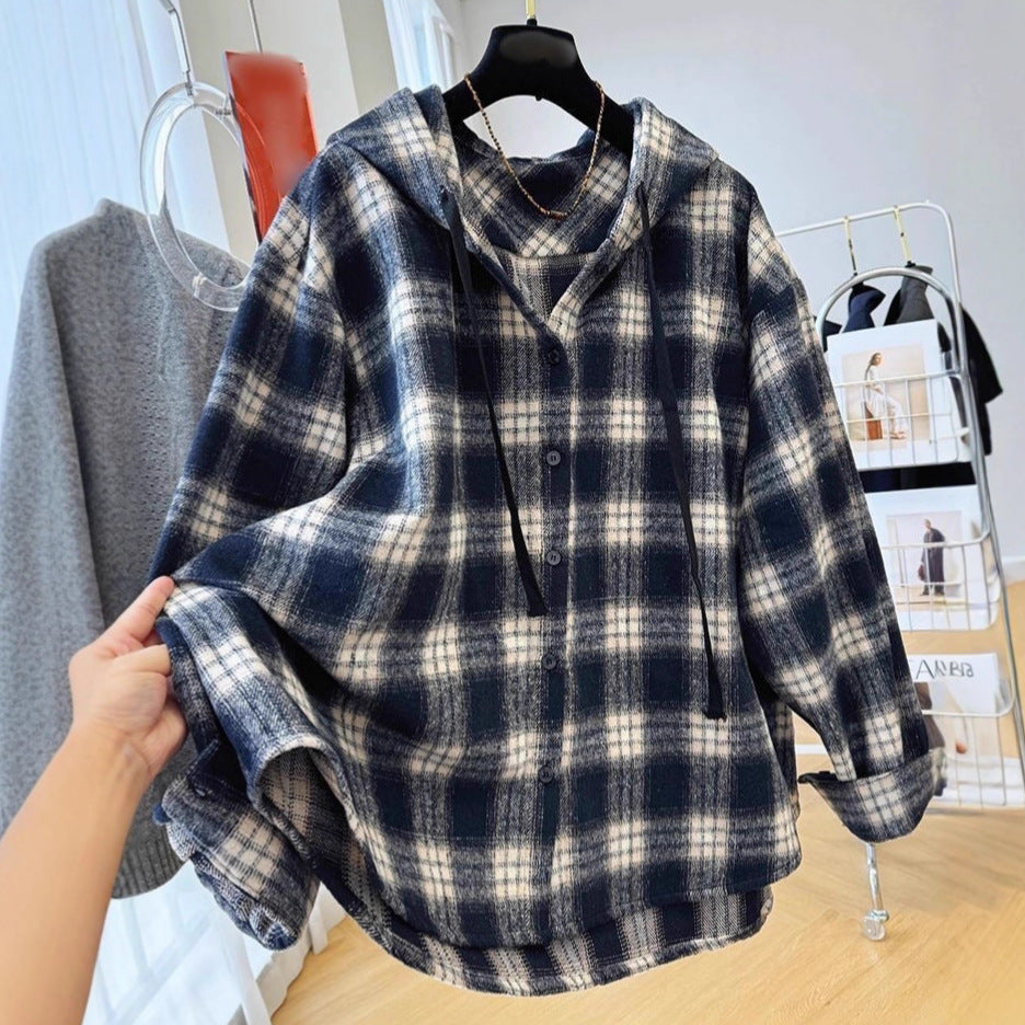 Hooded Plaid Shirt Women Loose Brushed Wool Coat Women Loose Long Sleeve Top Women