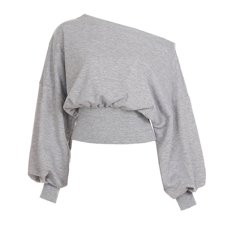 pure desire wind asymmetrical neckline off-shoulder fitted hoodie long sleeve casual top for women