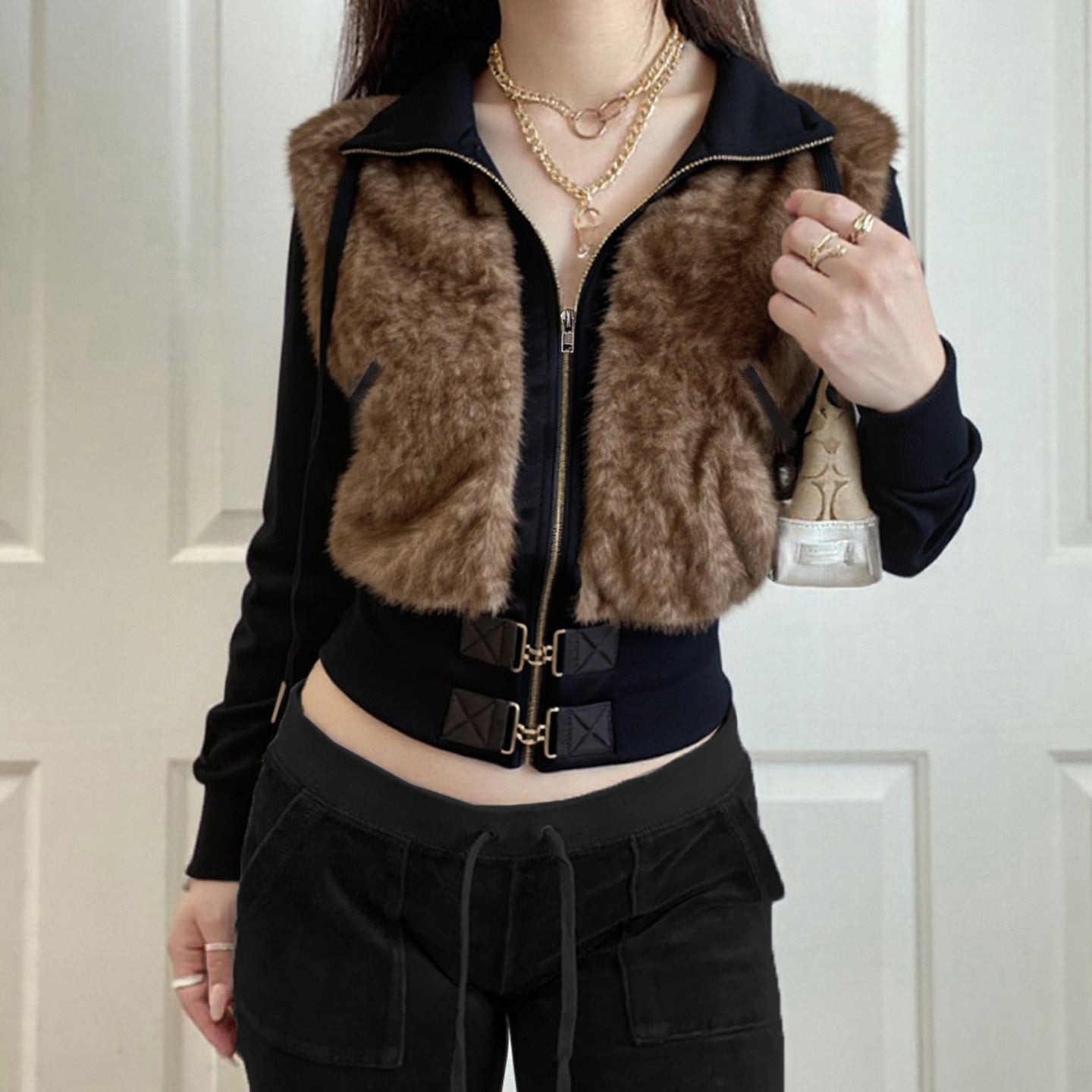Street Style  Faux Fur Patchwork Vintage Brown Zipper Short Padded Stand Collar Jacket Women's Cargo Hoodie