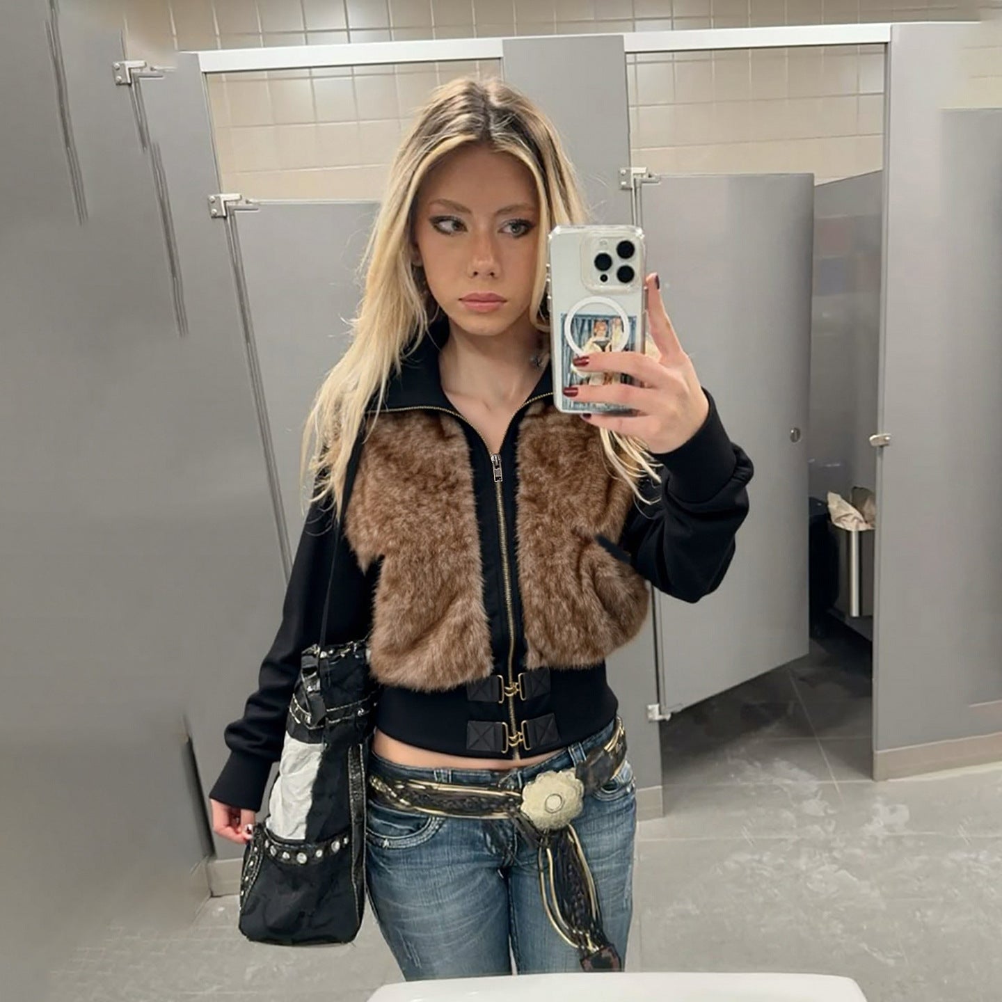 Street Style  Faux Fur Patchwork Vintage Brown Zipper Short Padded Stand Collar Jacket Women's Cargo Hoodie